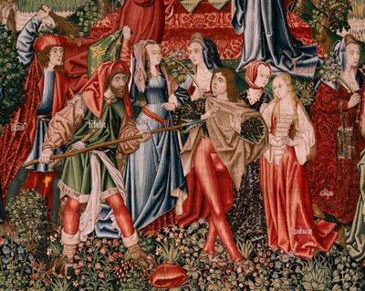 Flämischer Wandteppich. Serie Menschliche Erlösung oder Laster und Tugenden. Laster führen den Menschen zur Sünde. Zweiter Wandteppich der Serie (erster der in Palencia aufbewahrten). Brüsseler Herstellung, Werkstatt. Ca. 1510. Größe 425 x 800 cm. Stoff Wo von Flemish School