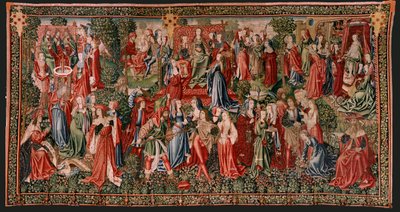 Flämischer Wandteppich. Serie Menschliche Erlösung oder Laster und Tugenden. Laster führen den Menschen zur Sünde. Zweiter Wandteppich der Serie (erster der in Palencia aufbewahrten). Brüsseler Herstellung, Werkstatt. Ca. 1510. Größe 425 x 800 cm. Stoff Wo von Flemish School