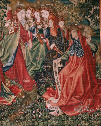 Flämischer Wandteppich. Serie Menschliche Erlösung oder Laster und Tugenden. Die Tugenden fordern die Laster heraus, als Christus sein Amt antritt (Las Virtudes desafían a los Vicios cuando Cristo comienza su ministerio). Sechster Wandteppich in der Serie  von Flemish School