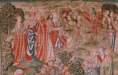 Flemischer Wandteppich. Serie Erlösung des Menschen oder Laster und Tugenden. Auferstehung Christi. Achter Wandteppich in der Serie (erster der in Burgos aufbewahrten). Herstellung Brüssel. Ca. 1510. Stoff Seide und Wolle, 7 Ketten pro cm. von Flemish School