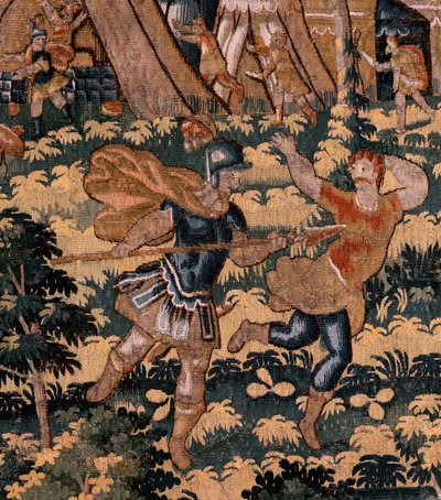 Flämischer Wandteppich. Serie Die Geschichte von Kyros. Nr. V Kampf zwischen zwei Kriegern und der Tod von Kyros. Anonym, basierend auf Michiel Coxcie. Atelier Antwerpen. Ca. 1590 von Flemish School