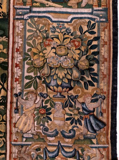 Flämischer Wandteppich. Serie Geschichte von Cyrus. Nr. V Kampf zwischen zwei Kriegern und Tod von Cyrus (Combate de dos guerreros y muerte de Ciro). Anonym, basierend auf Michiel Coxcie. Atelier Antwerpen. Seide und Wolle. Ca 1590. von Flemish School