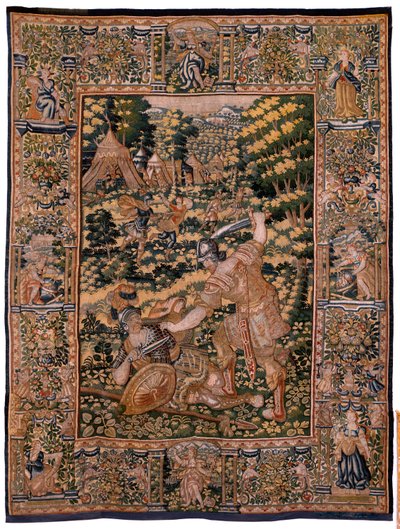 Flämischer Wandteppich. Serie Geschichte von Cyrus. Nr. V Kampf zwischen zwei Kriegern und der Tod von Cyrus (Combate de dos guerreros y muerte de Ciro). Anonym, basierend auf Michiel Coxcie. Atelier Antwerpen. Seide und Wolle. Ca 1590. von Flemish School