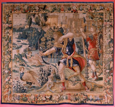 Flämischer Wandteppich. Serie Die Arbeiten des Herkules. Herkules und die Stymphalischen Vögel. Erster Wandteppich der erhaltenen Serie. Modell Unbekannt. Herstellung Willem Dermoyen, Brüssel. Ca. 1528. Stoff Seide und Wolle. von Flemish School