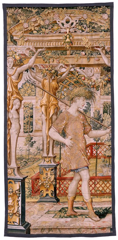 Flämischer Wandteppich. Serie Vertumnus und Pomona. Nr. II Vertumnus verwandelt sich in einen Bauern. Modelle Kreis von Pieter Coecke Van Aelst und Léonard Thiry. Atelier unbekannt, Brüssel. Gold, Seide und Wolle. von Flemish School