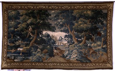 Flämischer Wandteppich. Verdure. Liebesszene. Oudenaarde. Ende 17. bis Anfang 18. Jahrhundert. Eigentum der Kirche Sint-Walburgakerk Oudenaarde (Dekenij van de Sint-Walburga). (Detail) von Flemish School