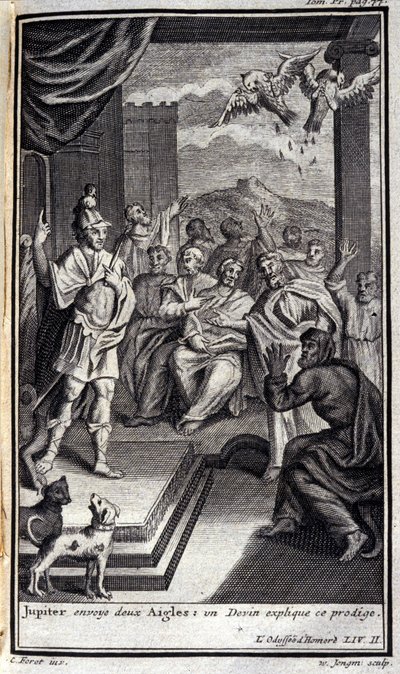 Jupiter sendet zwei Adler: ein Wahrsager erklärt dieses Wunder. Illustration für Buch II der Odyssee von Homer, veröffentlicht in Amsterdam 1731, Privatsammlung Mailand von Flemish School