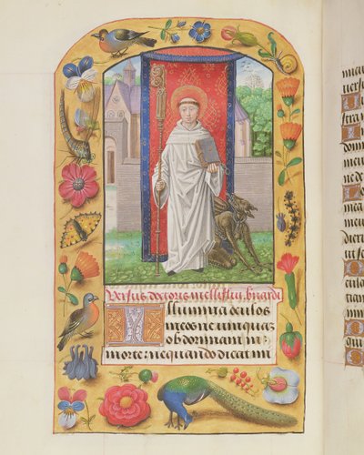 Hl. Bernhard in Zisterziensergewand mit einem angeketteten Teufel hinter ihm, aus einem Stundenbuch, wahrscheinlich Brügge, ca. 1500-05 von Flemish School