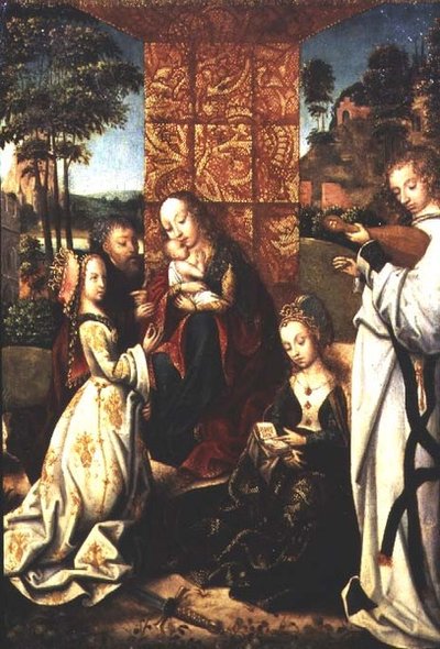 Madonna mit Kind, St. Katharina, ein Engel und andere Figuren von Flemish School
