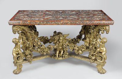 Marketerietisch auf geschnitztem und vergoldetem Lindenholzsockel, 1689 von Flemish School