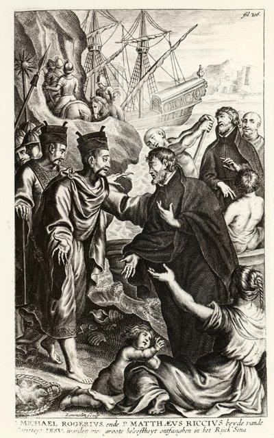 Michael Rogerius (1543-1607) und Matthaeus Riccius (1552-1610) kommen an der Küste Chinas an, Illustration aus einer Kirchengeschichte von P. Cornelius Hazart, veröffentlicht in Antwerpen, 1668 von Flemish School