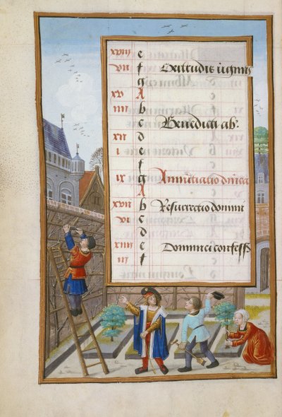 Ms 1058-1975 f3v Besitzer gibt seinen Gärtnern Anweisungen, illuminierte Kalenderseite für März, aus einem Stundenbuch, ca. 1500 von Flemish School