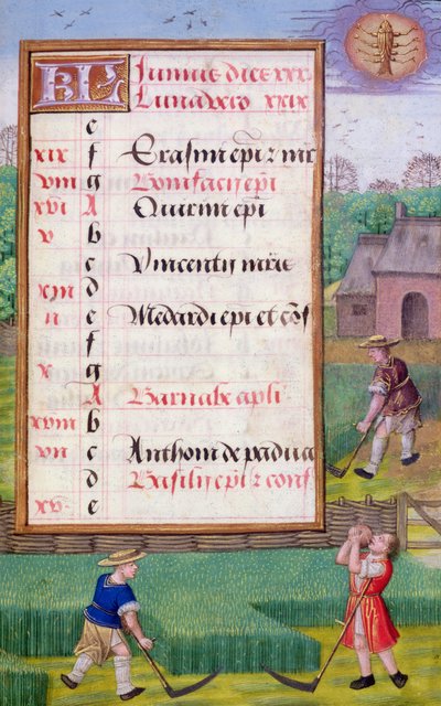Ms 1058-1975 f6r Gras mähen, illuminierte Kalenderseite für Juni, aus einem Stundenbuch, ca. 1500 (Pergament) von Flemish School