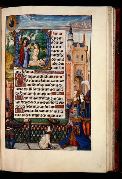 Ms 1058-1975, f.74r: König David betet zur Jungfrau und dem Kind und eine historisierte Initiale D, die die Erschaffung Evas darstellt, aus einem Stundenbuch, Brügge, ca. 1510 von Flemish School