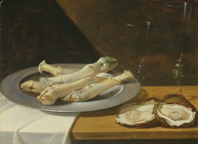 Schweineknöchel auf einem Zinnteller mit Austern und Weingläsern auf einem drapierten Tisch, um 1630 von Flemish School