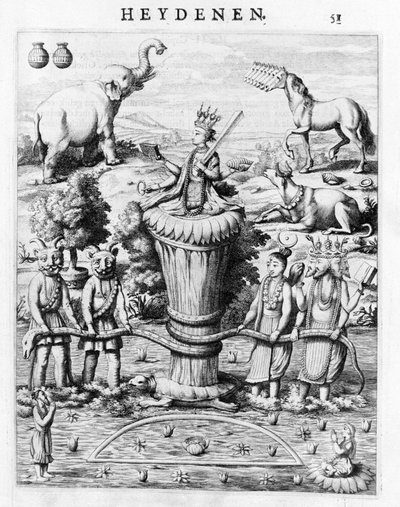 Samudramathana, mit der Teilnahme von Deva (Surya, Shiva, Vishnu, Brahma) mit Dämonen und Reittieren. Nach Baldaeus Philippus Afgoderye der oost-indische Heydenen. Amsterdam 1672 von Flemish School