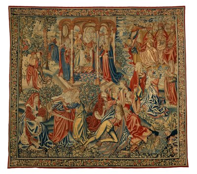 Wandteppich, Eine moralische Allegorie des Menschen oder Gerechtigkeit, die den Menschen angreift, hergestellt in Flandern, Belgien, um 1500 von Flemish School