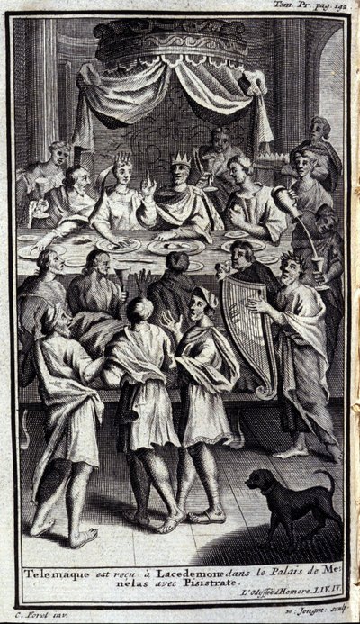 Telemach wird in Lakedaimon im Palast von Menelaos mit Pisistratos empfangen. Illustration für Buch IV der Odyssee von Homer, veröffentlicht in Amsterdam 1731, Mailand von Flemish School