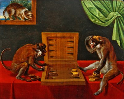 Zwei Affen spielen Tric Trac auf einem Tisch von Flemish School