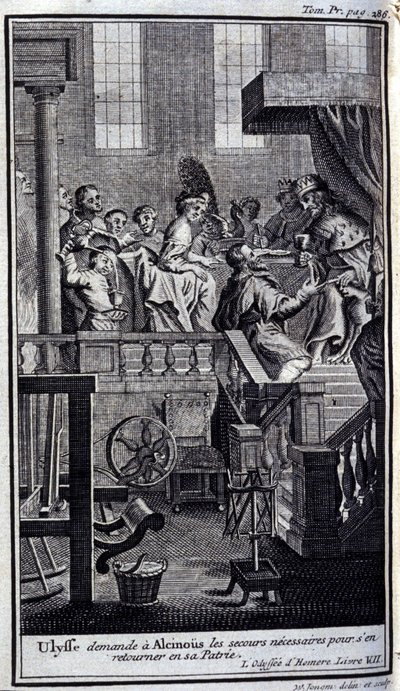 Odysseus bittet Alkinoos um die notwendige Hilfe, um in seine Heimat zurückzukehren. Illustration für Buch VII der Odyssee von Homer, veröffentlicht in Amsterdam 1731, Privatsammlung Mailand von Flemish School