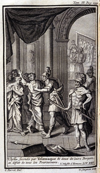 Odysseus, unterstützt von Telemachos und zwei ihrer Hirten, vertreibt alle Verfolger. Illustration für Buch XXII der Odyssee von Homer, in der Odyssee, veröffentlicht in Amsterdam 1731, Privatsammlung Mailand. von Flemish School