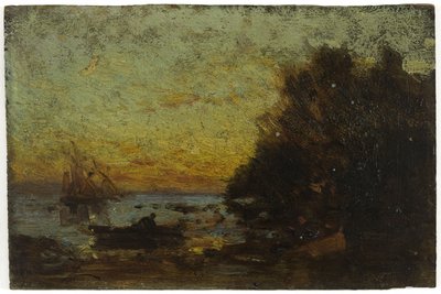 Boot und Segelboote, Sonnenuntergang. Auf der Rückseite: Marine, zwischen 1850 und 1860 von Félix Ziem