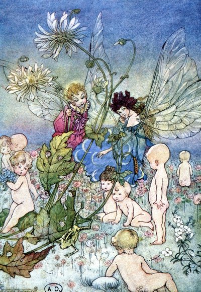 Frau-Libelle (Fee) und Elf umgeben von Babys - in „My Fairyland“ von Fiona Malcom, ill. Florence Anderson von Florence Anderson