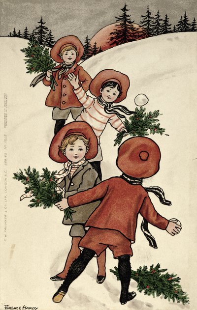 Kinder mit Stechpalmen werfen Schneebälle von Florence Hardy