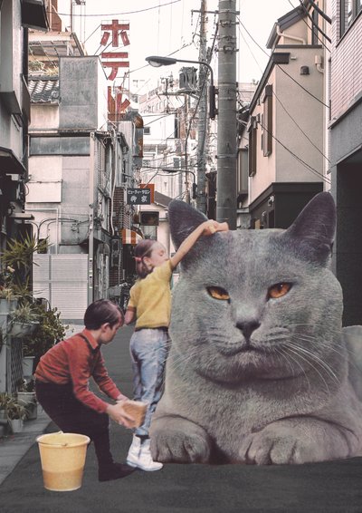 Kinder waschen eine riesige Katze in den Straßen von Tokio von Florent Bodart
