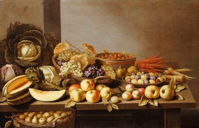Schalen mit Früchten und Nüssen auf einem Holztisch mit einem Korb Birnen darunter von Floris Gerritsz van Schooten