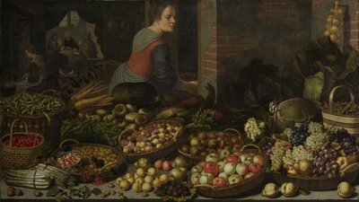 Stillleben mit Obst und Gemüse, mit Christus in Emmaus im Hintergrund, ca. 1630 von Floris Gerritsz van Schooten