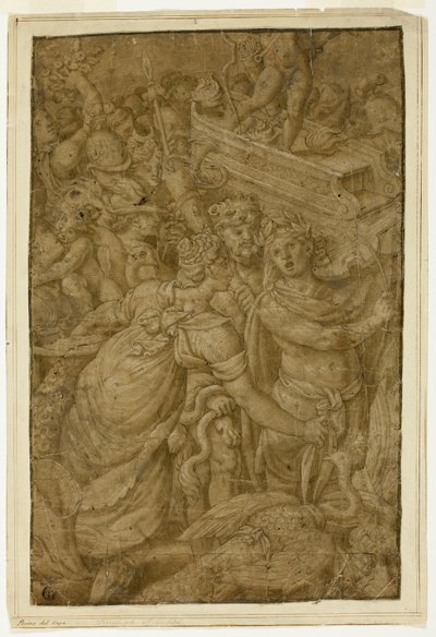 Amor im Triumphwagen, begleitet von Göttern und Göttinnen von Follower of Giulio Romano