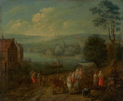 Flusslandschaft mit Dörfern und Reisenden [verso] von Follower of Peeter Gysels