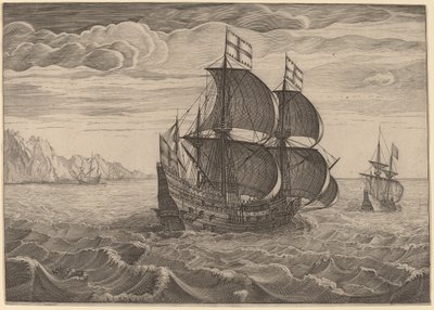Schiff in voller Fahrt mit zwei Flaggen von Follower of Pieter Bruegel the Elder