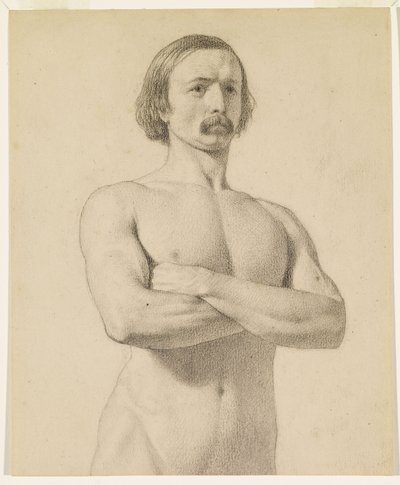 Männlicher Akt - Akademische Aktstudie, Halbfigur mit Schnurrbart und verschränkten Armen von Ford Madox Brown