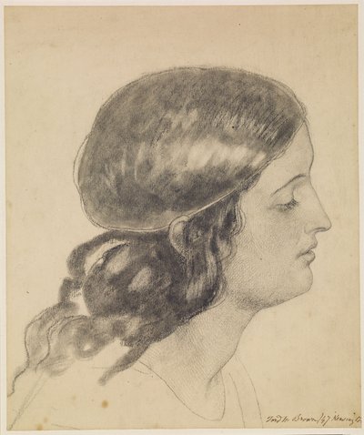 Unsere Dame der Samstagnacht - Studie des Kopfes eines Engels mit Wasserschale von Ford Madox Brown