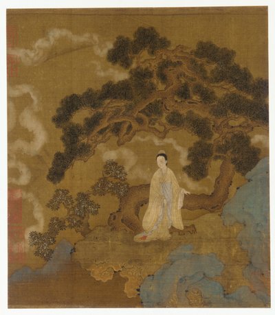 Dame unter einem knorrigen Kiefernbaum von Formerly attributed to Zhou Wenju