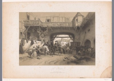 Drei Reiter kommen bei einem Gasthaus an von Fortuné Ferogio