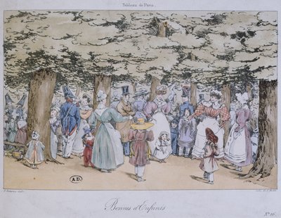 Kinder und Kindermädchen im Park, aus der Serie Tableau de Paris, graviert von C. Motte, 1827 von Fortune Delarue