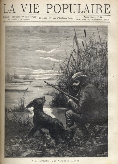 Ein Vogelfänger beobachtet in einem Sumpf mit seinem Hund. Illustration von F. Meaulle für „Hopefully!“ von Alphonse Daudet (1840-1897). Gravur von 1890 in „La vie populaire“. Private Sammlung von Fortune Louis Meaulle