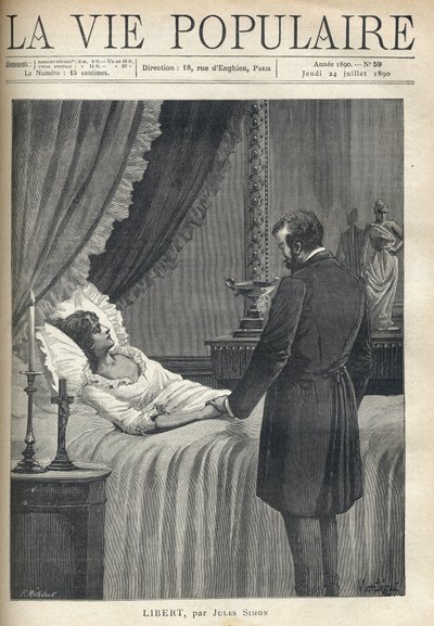 Ein Mann, überwältigt von Traurigkeit, steht am Bett einer schönen toten Frau und hält ihre Hand. Auf dem Nachttisch brennt eine Kerze und ein Kruzifix. Auf dem Kaminsims stehen eine Tasse und eine Frauenskulptur im antiken Kostüm. Illustration von Alfons  von Fortune Louis Meaulle