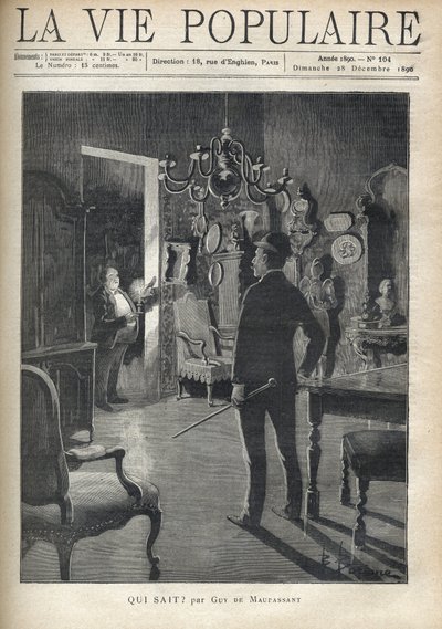 Ein Mann überrascht einen Eindringling mitten in der Nacht zu Hause. Illustration von F. Meaulle nach B. Borione für „Who knows?“ von Guy de Maupassant (1850-1893). Gravur von 1890 in „La vie populaire“. Private Sammlung von Fortune Louis Meaulle