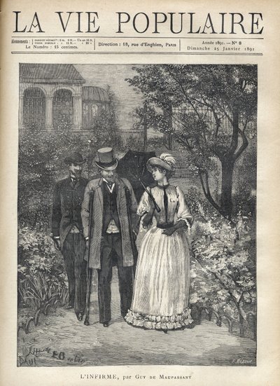 Ein Mann mit Krücken geht mit einer eleganten jungen Frau in den Gassen eines Parks spazieren. Ein zweiter Mann folgt ihnen. Illustration von Fortune Louis Meaulle für „L