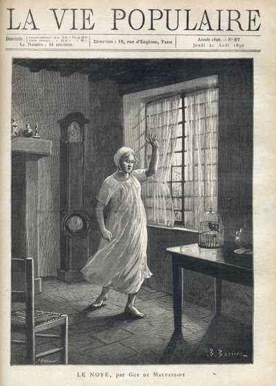 Eine Frau im Nachthemd und mit Nachthaube, mit einem Gesicht voller Angst, traurigen Augen und erhobener Hand, steht barfuß vor dem Fenster ihres Hauses, durch das man die Masten der Boote sieht. Innen eine Uhr, ein Vogelkäfig und wenig Möbel. Illustration von Fortune Louis Meaulle