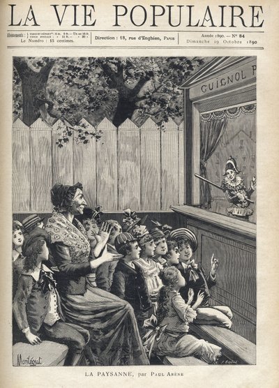 Eine Frau inmitten einer Gruppe von Kindern applaudiert einem Puppenspiel (Guignol). Illustration von Fortune Meaulle durch Montegut für „Der Bauer“ von Paul Arene (1843-1896). Gravur in „La vie populaire“ von Fortune Louis Meaulle