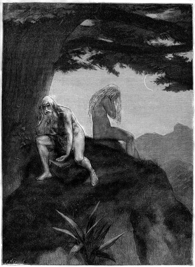Adam und Eva. Zeichnung von Meaulle, die das Gedicht von Victor Hugo „Les misheureux“ illustriert, in der Sammlung „Les contemplations“, Ausgabe Paul Ollendorff, Anfang 20. Jahrhundert. von Fortune Louis Meaulle