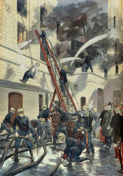 Felix Faure besucht die Ausbildung der Pariser Feuerwehr im Jahr 1898 (Gravur) von Fortune Louis Meaulle
