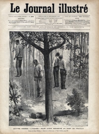 Vier schwarze Lynchmänner, zu Tode geprügelt und gehängt wegen Mordes an einem Bauleiter in Florida von Fortune Louis Meaulle