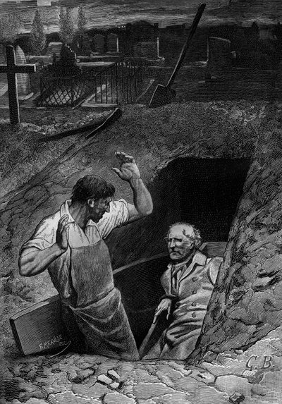 Illustration für den Roman „Les Misérables“ von Victor Hugo (2. Teil: Cosette), Stich von Meaulle: Fauchelevent und Jean Valjean von Fortune Louis Meaulle