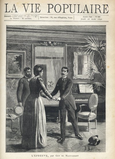 In einem bürgerlichen Wohnzimmer eilt ein Mann zur Hausherrin und ergreift ihre Hände, wobei er seinen Hut auf den Boden fallen lässt, unter dem erstaunten Blick eines anderen Mannes. Illustration von Bernard Borione von Fortune Louis Meaulle